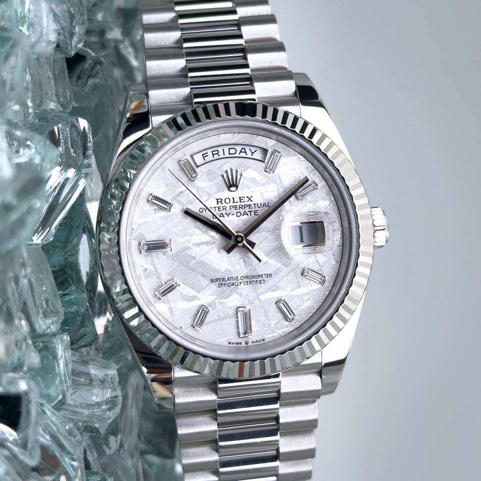 Rolex Day-Date 40 Platinum Meteorite Baguette Dial Complete Set w/White Tag
